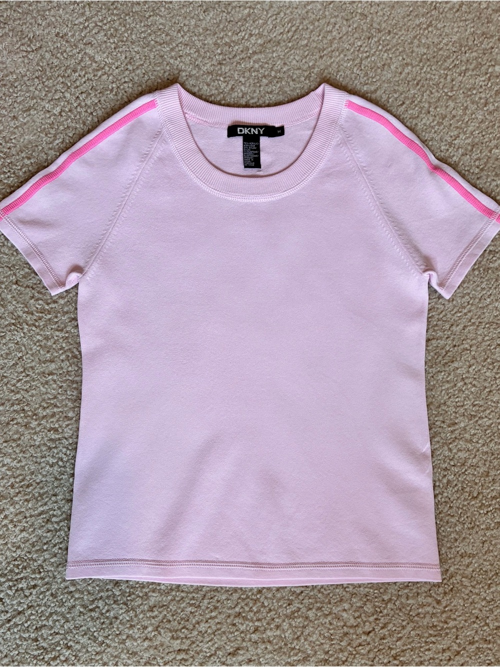 DKNY Crew Neck Short Sleeve Sweater Top Pink w/Bright Pink on Sleeves Medium